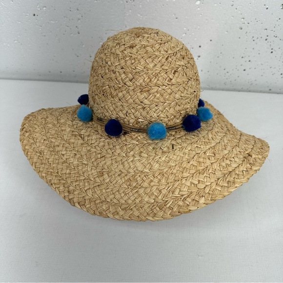 Pool to Party by Subtle Luxury Wide Brim Straw Floppy Sun Hat with Blue Pom Poms - Picture 3 of 11